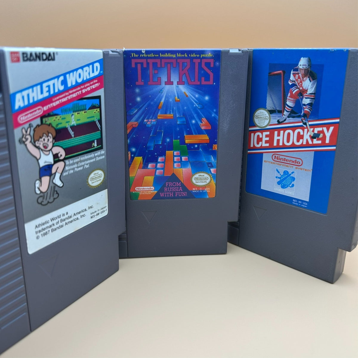 TETRIS / ATHLETIC WORLD / ICE HOCKEY NES Lot Authentic Nintendo Cleaned & Tested