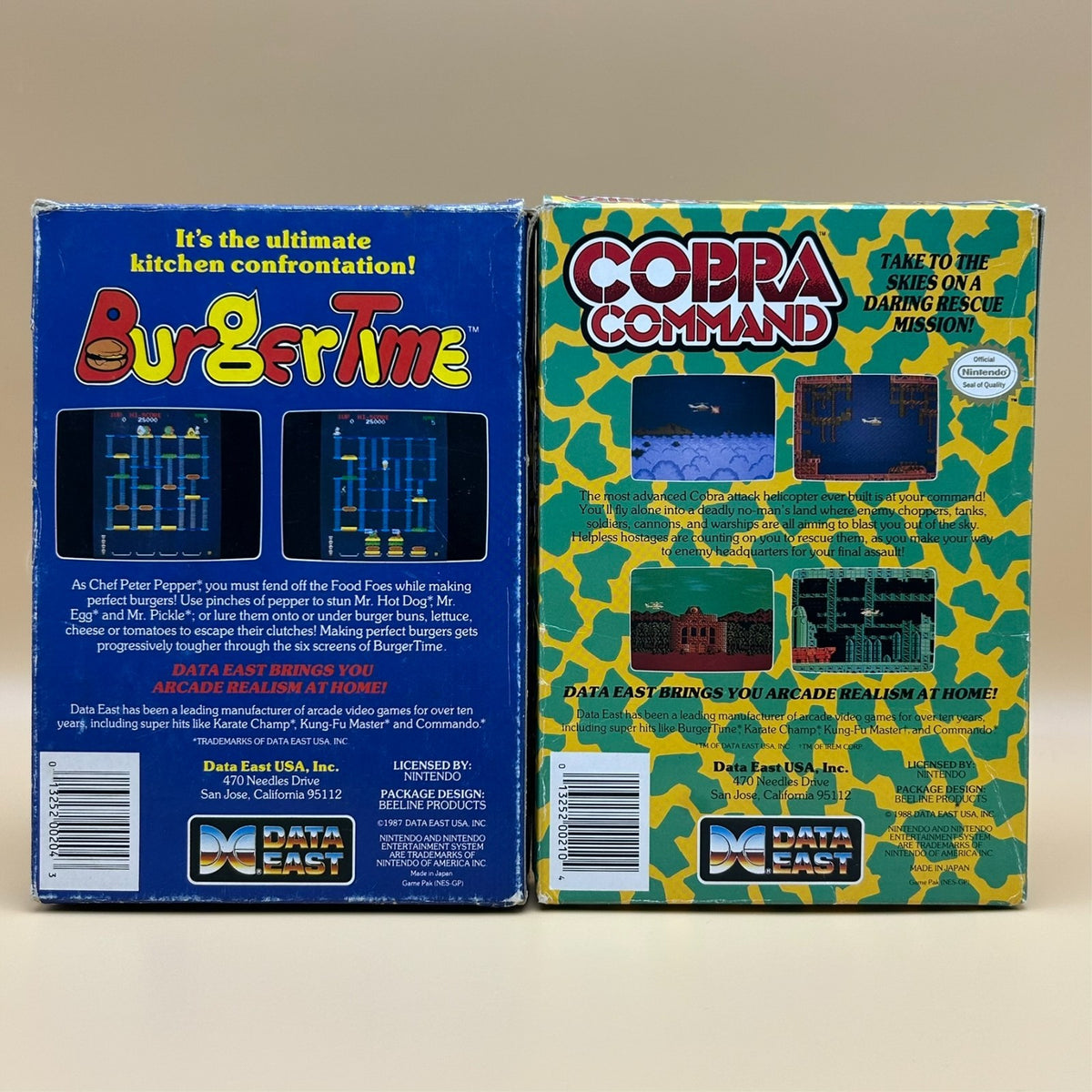 Nintendo NES Lot BURGER TIME & COBRA COMMAND Data East Authentic Boxed 1980s