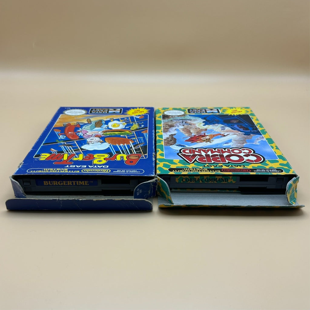 Nintendo NES Lot BURGER TIME & COBRA COMMAND Data East Authentic Boxed 1980s